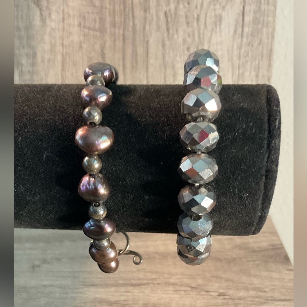 Handmade Midnight Purple Pearl & Gunmetal Disco Ball Bracelet Set